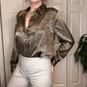 Vintage Silk Cheetah Blouse with Shoulder Pads
